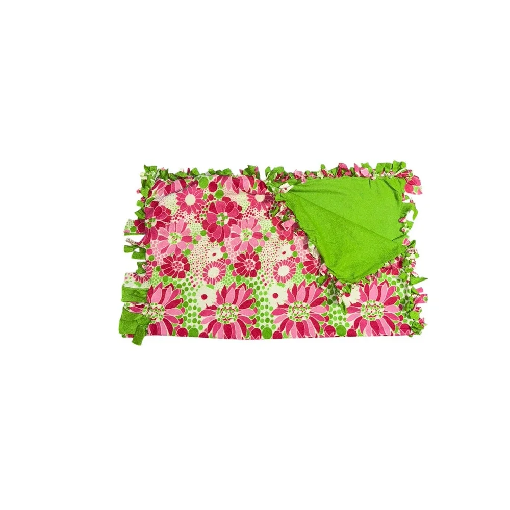 Handmade No-Sew Fleece Throw Blanket Pink Green Flower Print Lilly Style Soft